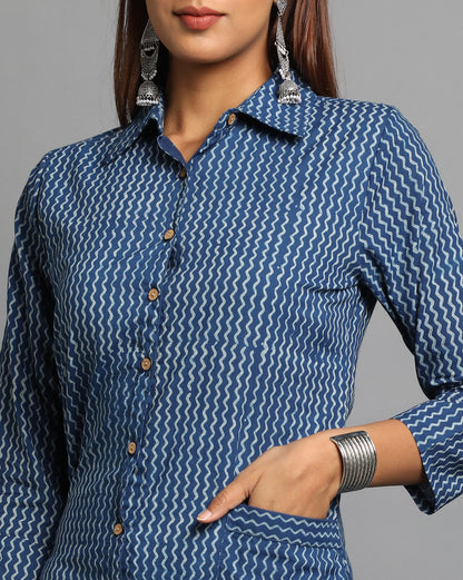 Indigo Dyed Dabu Printed Lehar Long Dress