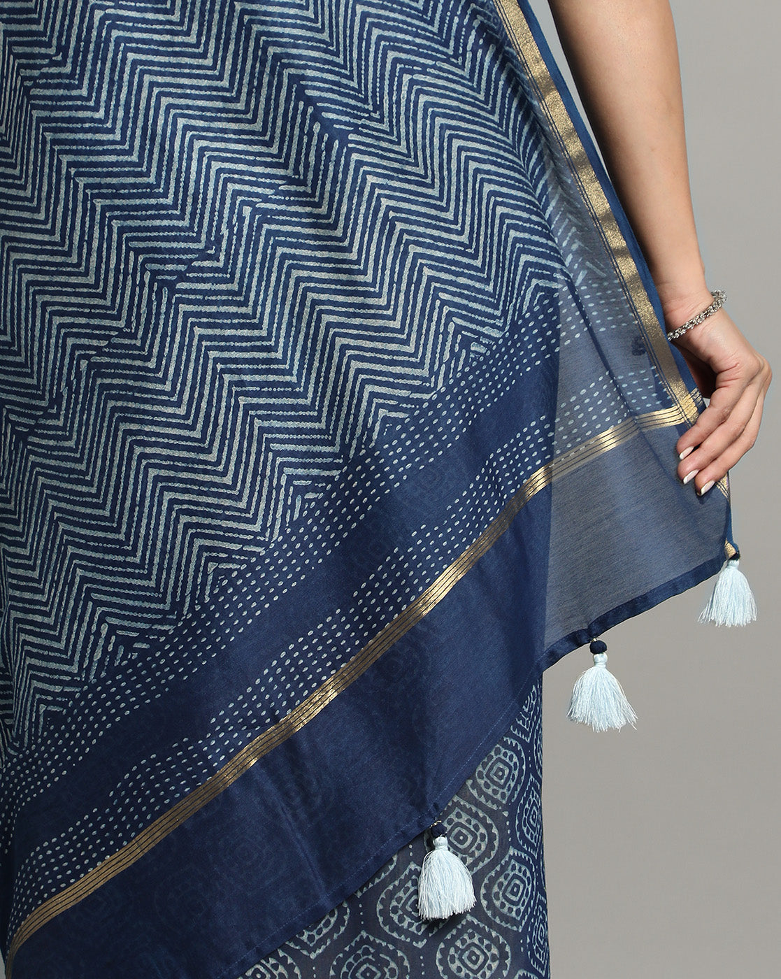 Natural Indigo Dyed Dabu Hand Block Printed Chanderi Saree