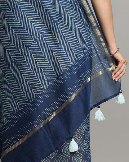Natural Indigo Dyed Dabu Hand Block Printed Chanderi Saree