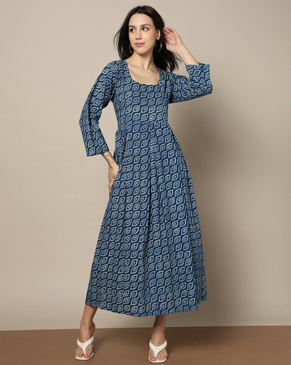 Indigo Dyed Dabu Hand Block Printed Long Dress