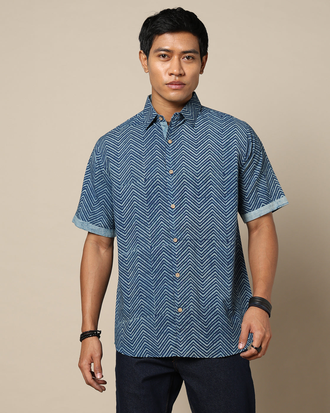 Men's Dabu Printed Indigo Dyed Shirt