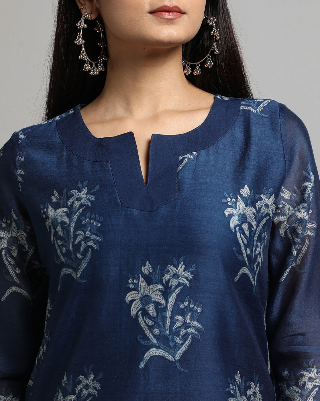 Indigo Dyed Dabu Printed Sakshi Butta Chanderi Silk Kurta