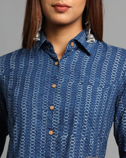 Indigo Dyed Dabu Printed Chain Long Dress