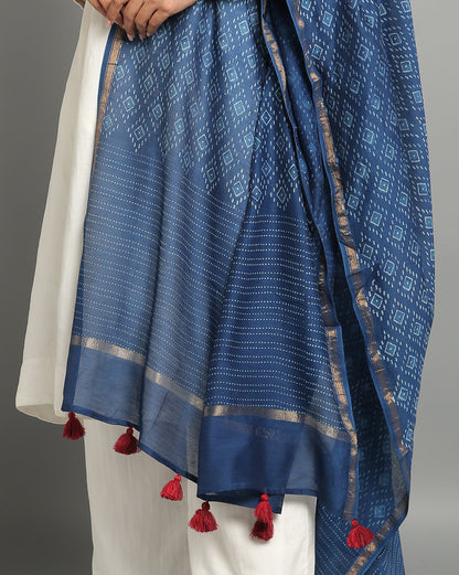 Indigo Dyed Dabu Hand Block Printed Chanderi Silk Duppatta