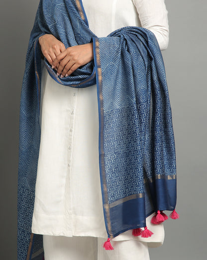 Indigo Dyed Dabu Hand Block Printed Chanderi Silk Duppatta