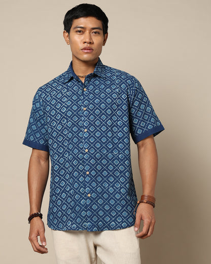 Men's Dabu Printed Indigo Dyed Shirt