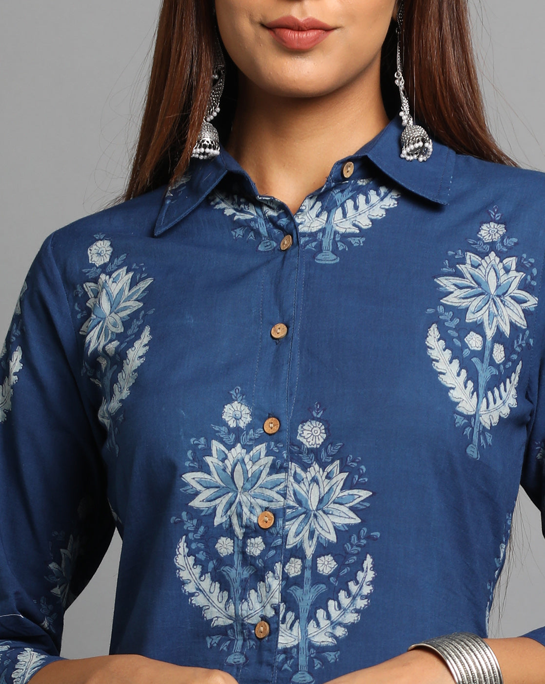 Indigo Dyed Dabu Printed Bada Butta Long Dress