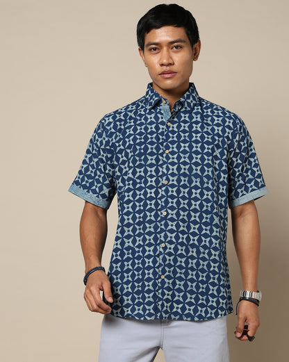 Men's Dabu Printed Indigo Dyed Shirt