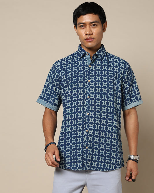 Men's Dabu Printed Indigo Dyed Shirt