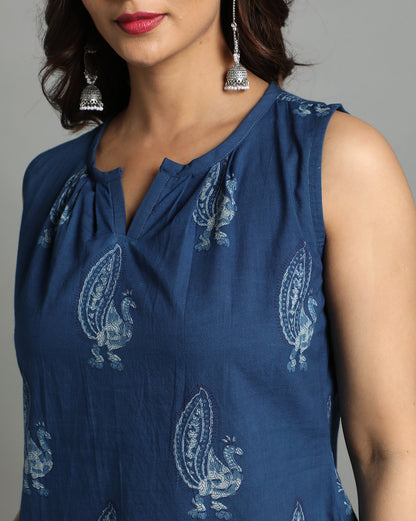 Indigo Dyed Dabu Printed Peacock Pintuk Top