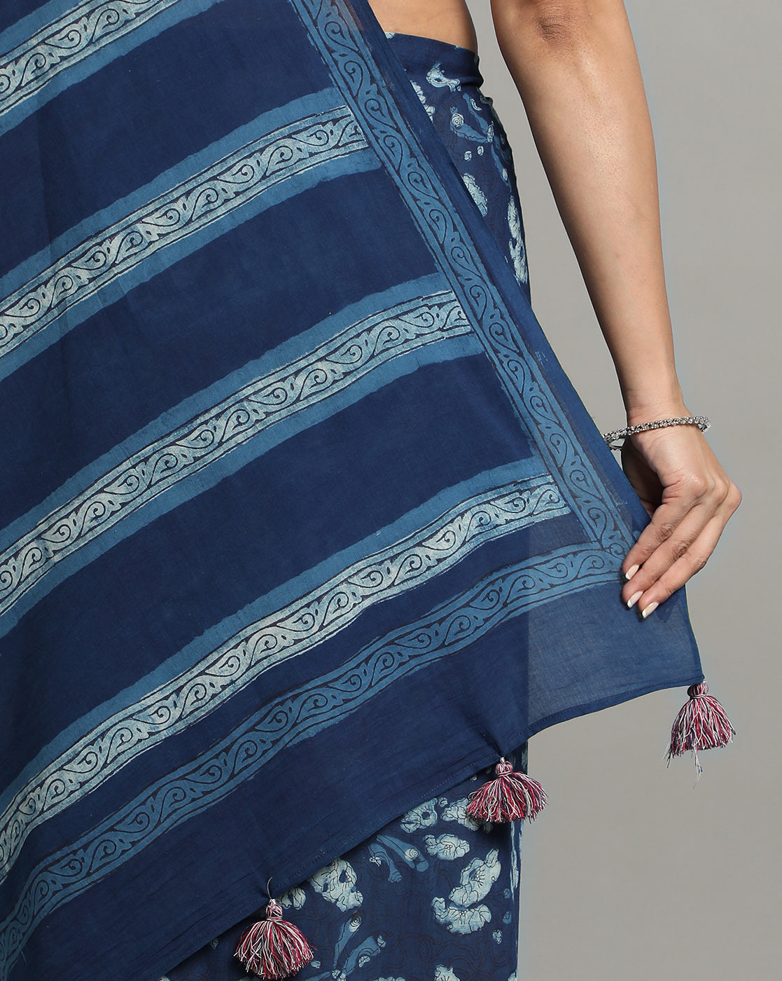 Natural Indigo Dyed Dabu Hand Block Printed Cotton Saree