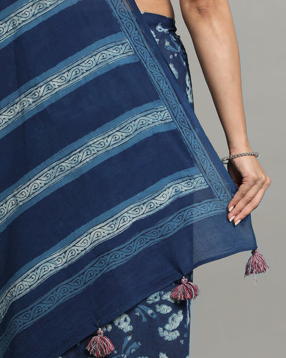 Natural Indigo Dyed Dabu Hand Block Printed Cotton Saree