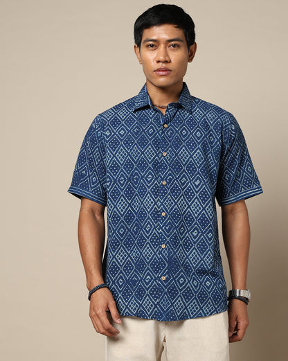 Men's Dabu Printed Indigo Dyed Shirt