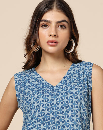 Natural Dyed Hand Block Printed Short Dress Sleeveless