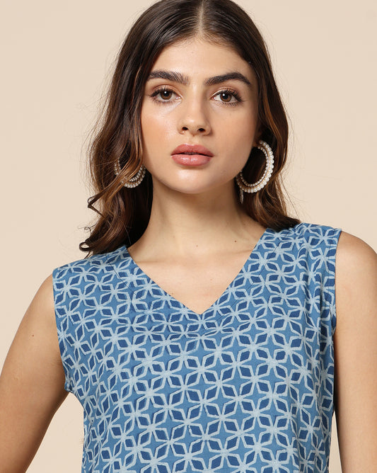 Natural Dyed Hand Block Printed Short Dress Sleeveless