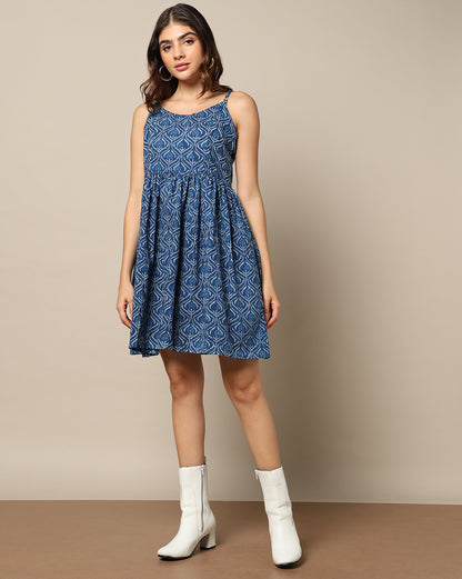 Natural Indigo Dyed Dabu Hand Block Print Spaghetti Dress