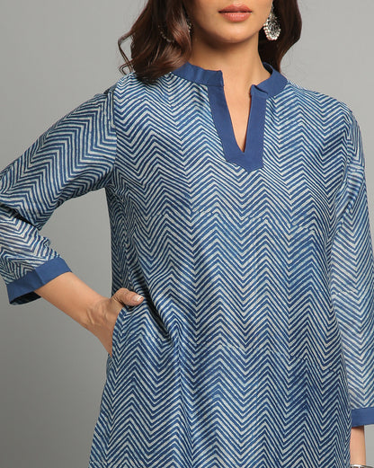 Indigo Dyed Dabu Printed Chanderi Lehar Long Kurta