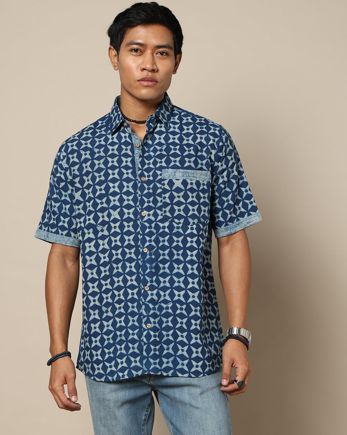 Men's Dabu Printed Indigo Dyed Shirt
