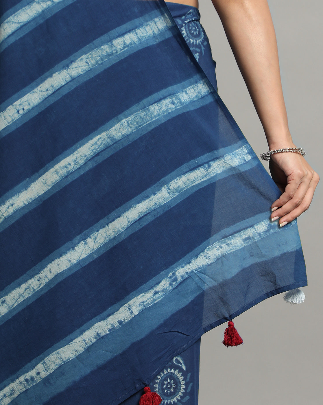Natural Indigo Dyed Dabu Hand Block Printed Cotton Saree