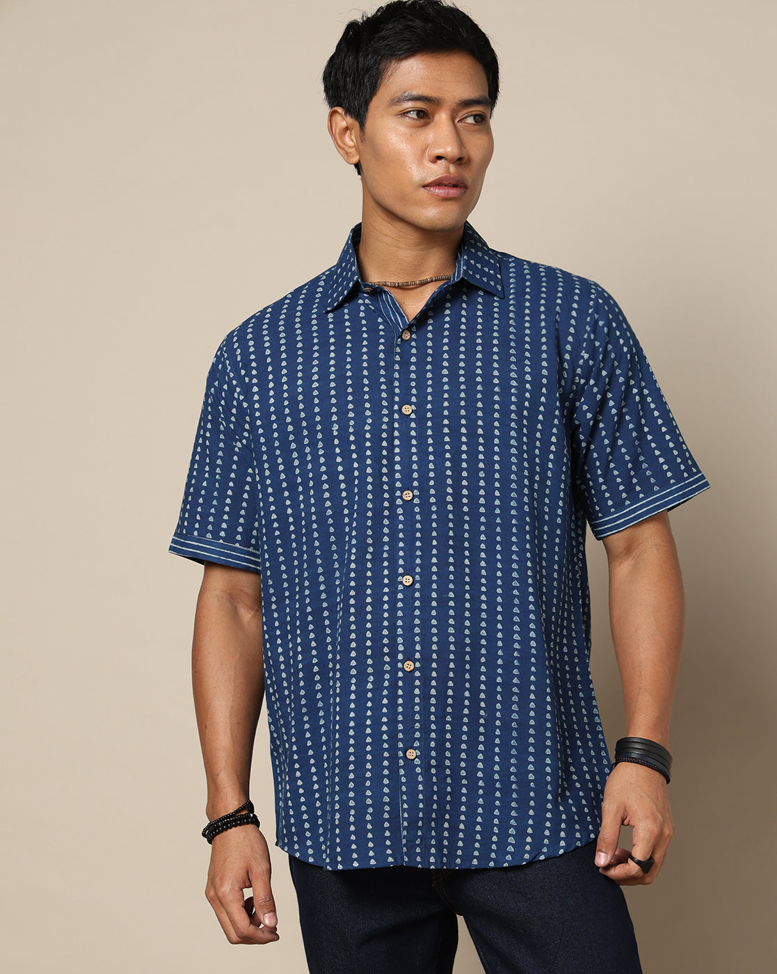Men's Dabu Printed Indigo Dyed Shirt