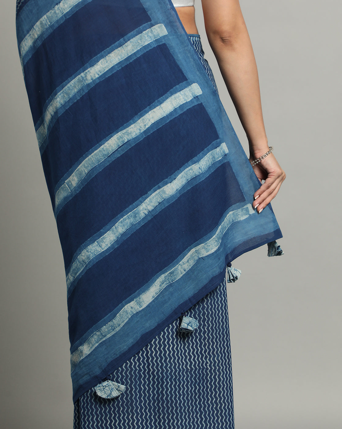 Natural Indigo Dyed Dabu Hand Block Printed Cotton Saree