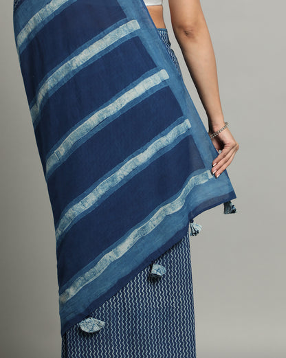 Natural Indigo Dyed Dabu Hand Block Printed Cotton Saree