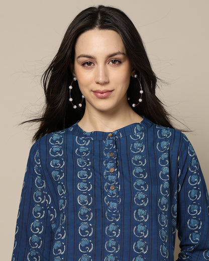 Indigo Dyed Dabu Hand Block Printed Long Kurta