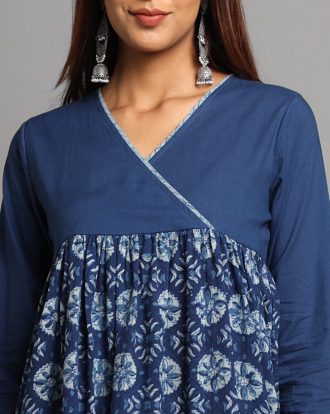 Indigo Dyed Dabu Printed Flower Zaal Angrakha Dress