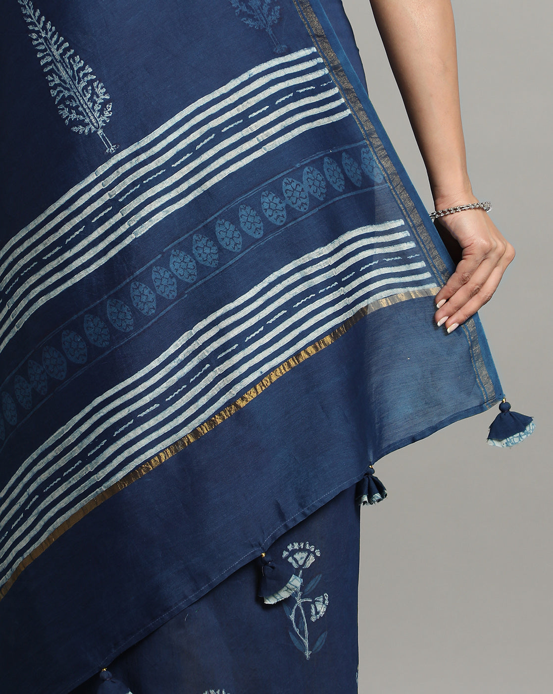 Natural Indigo Dyed Dabu Hand Block Printed Chanderi Saree