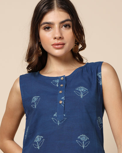 Natural Indigo Dyed Dabu Hand Block Print Short Dress