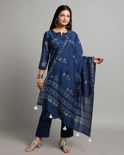 Indigo Dyed Dabu Hand Block Printed Chanderi Silk Duppatta