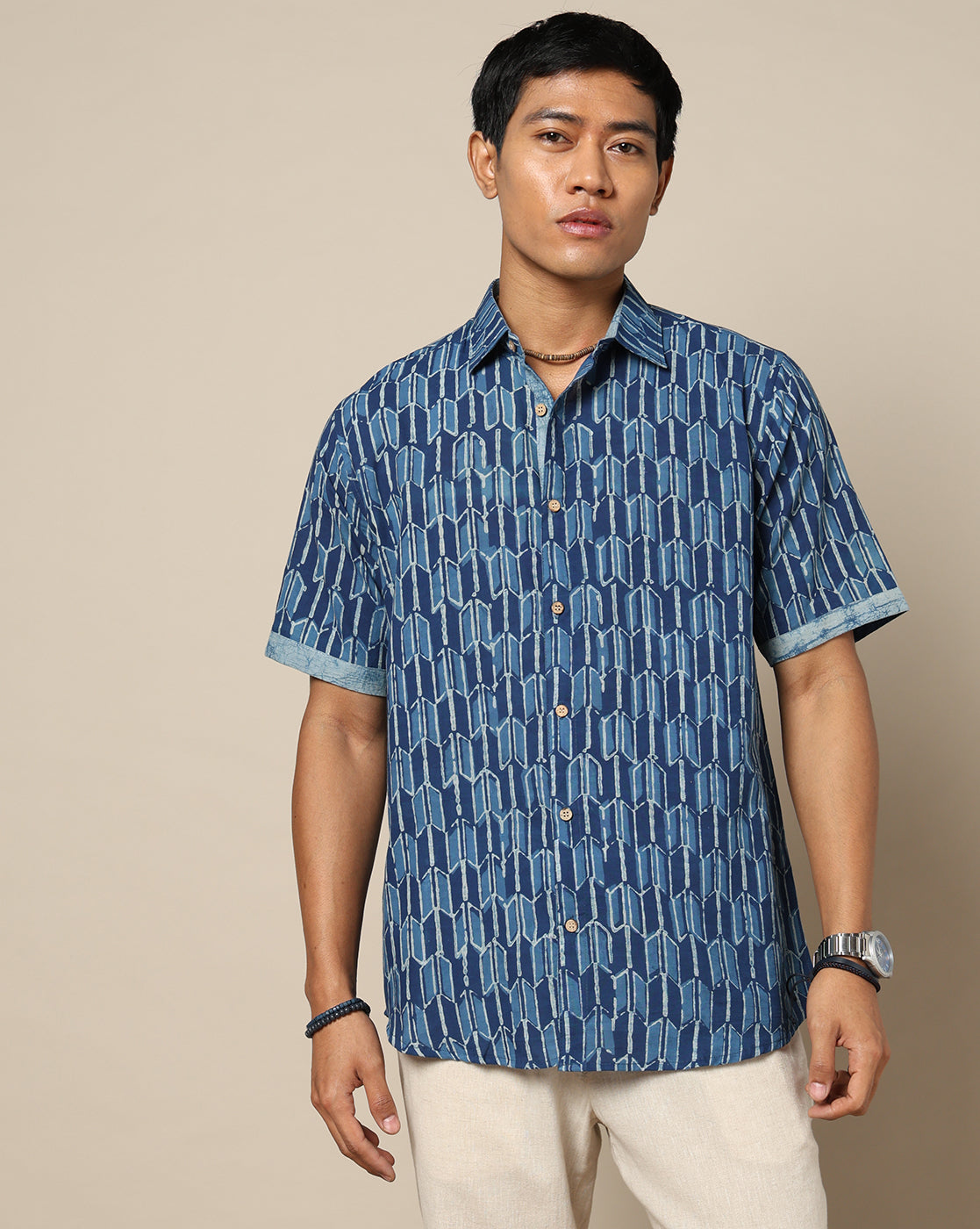 Men's Dabu Printed Indigo Dyed Shirt