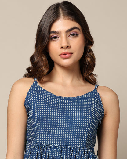 Natural Indigo Dyed Dabu Hand Block Print Spaghetti Dress