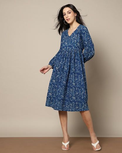 Indigo Dyed Dabu Hand Block Printed Long Dress