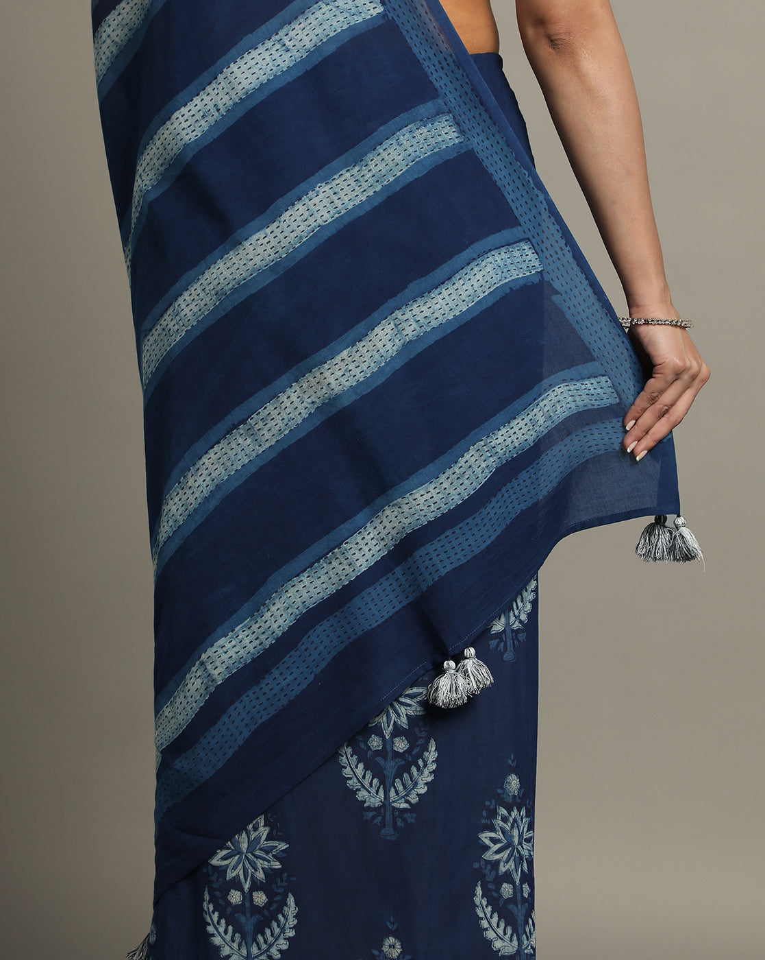 Natural Indigo Dyed Dabu Hand Block Printed Cotton Saree