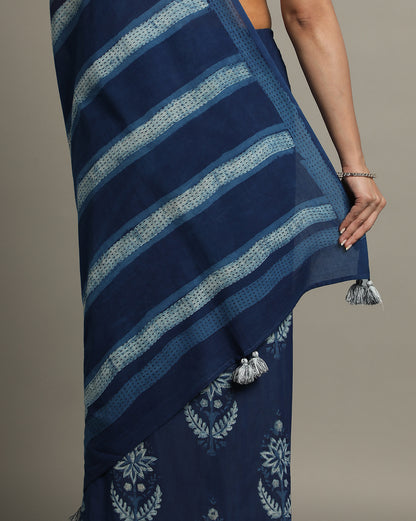 Natural Indigo Dyed Dabu Hand Block Printed Cotton Saree