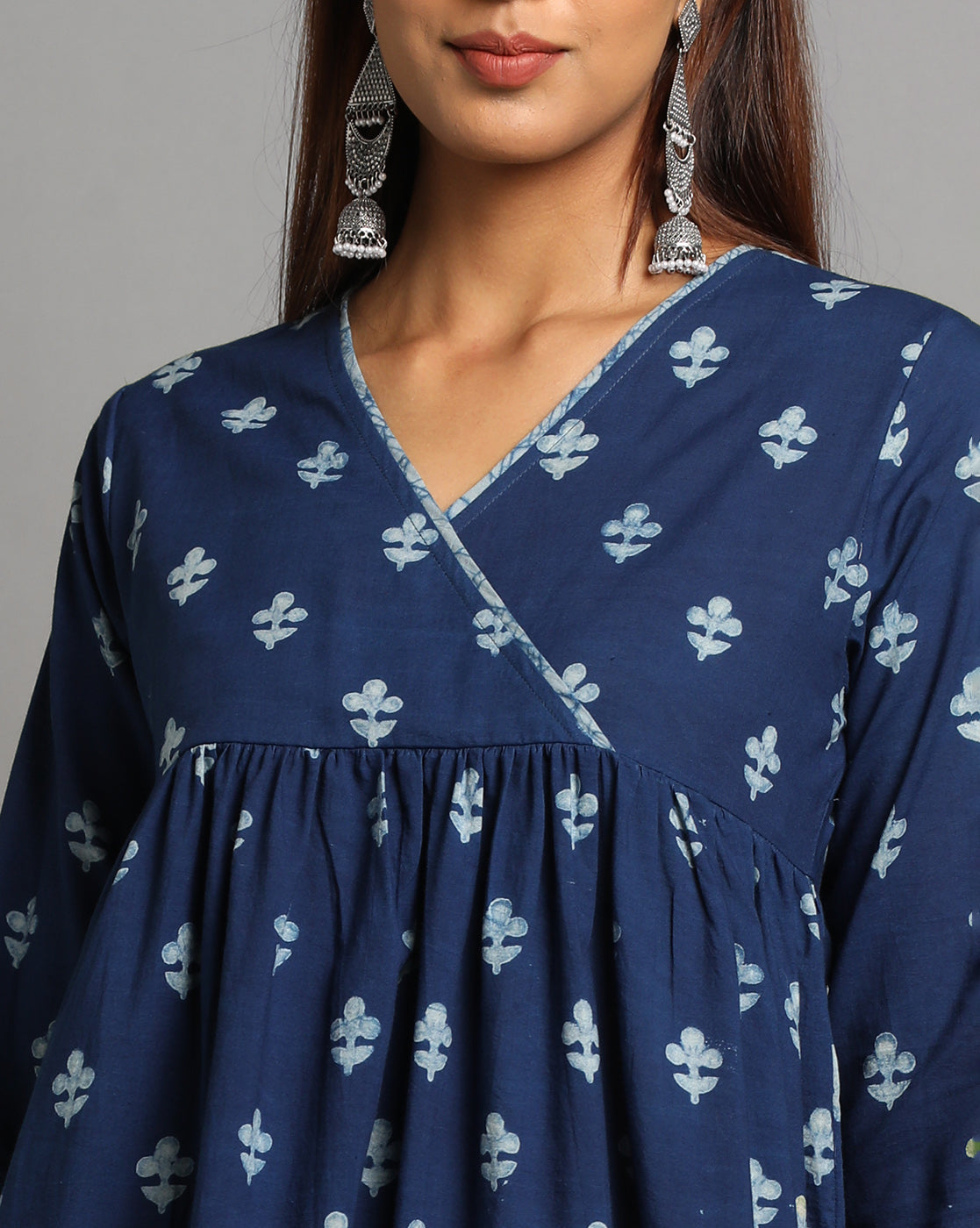 Indigo Dyed Dabu Printed Flower Zaal Angrakha Dress