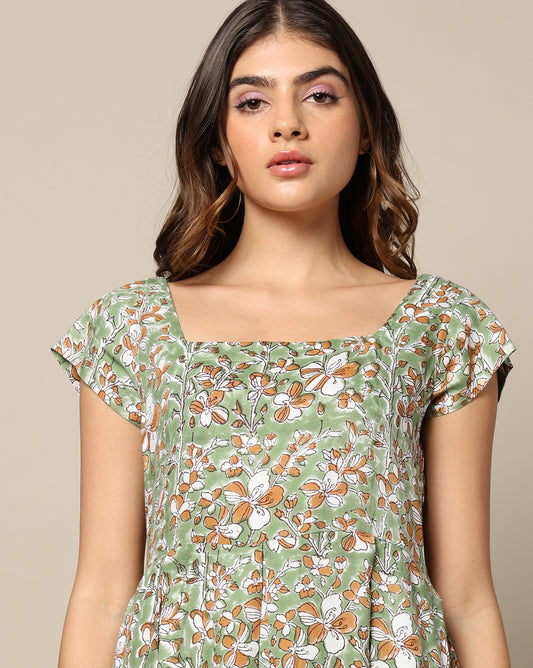 Natural Dyed Hand Block Printed Short Dress Short Sleeves