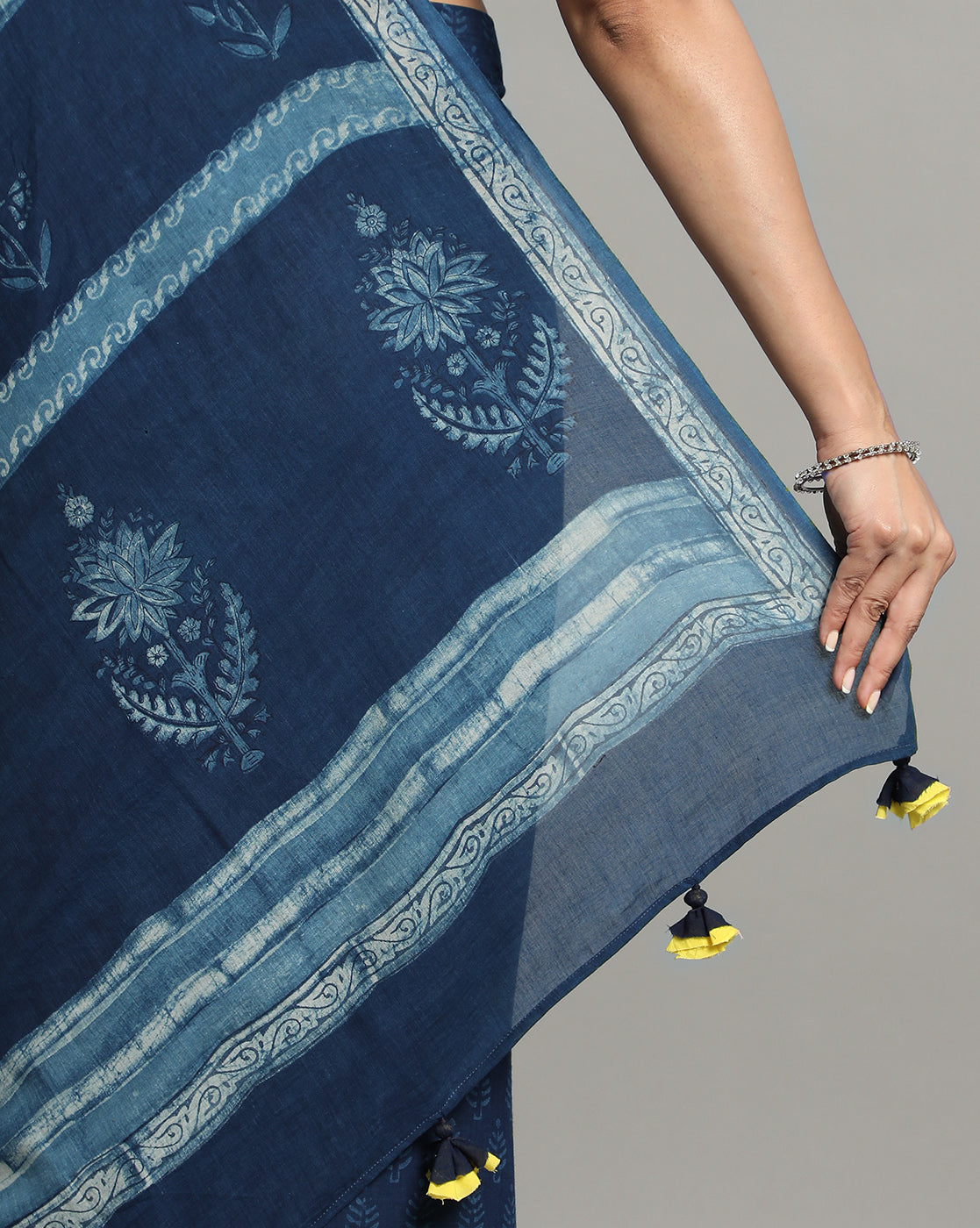 Natural Indigo Dyed Dabu Hand Block Printed Cotton Saree