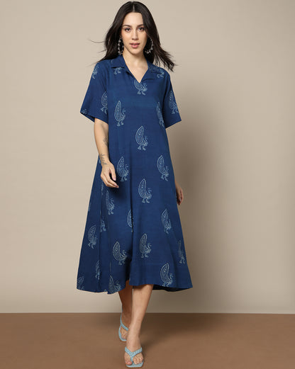 Indigo Dyed Dabu Hand Block Printed Long Dress