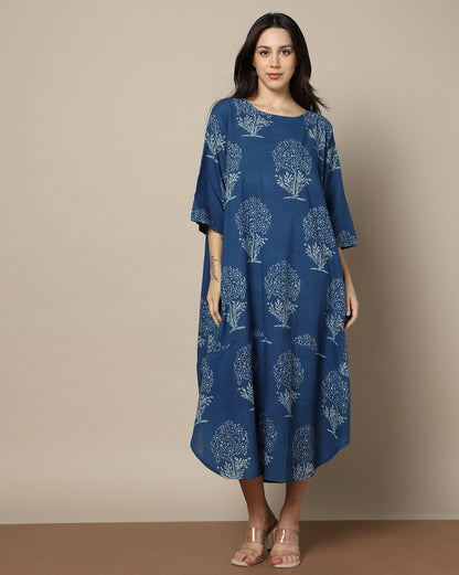 Indigo Dyed Dabu Hand Block Printed Free Size Dress