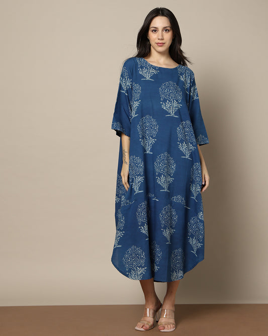 Indigo Dyed Dabu Hand Block Printed Free Size Dress