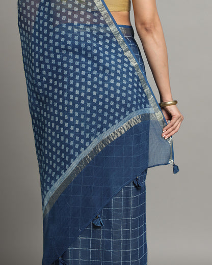 Natural Indigo Dyed Dabu Hand Block Printed Kota Doriya Saree