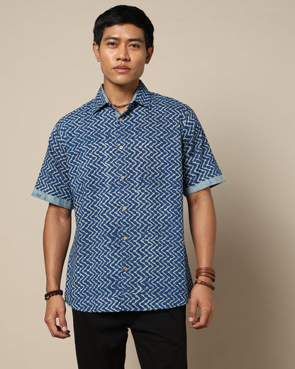 Men's Dabu Printed Indigo Dyed Shirt