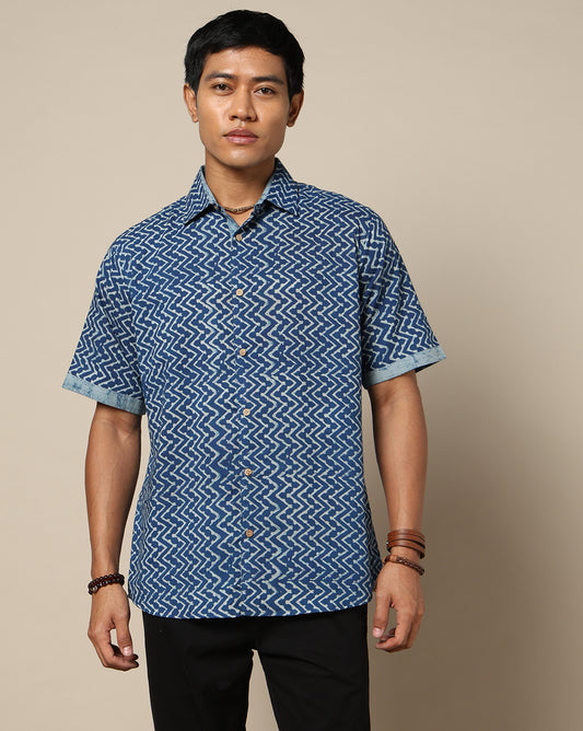 Men's Dabu Printed Indigo Dyed Shirt