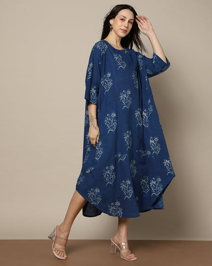 Indigo Dyed Dabu Hand Block Printed Free Size Dress
