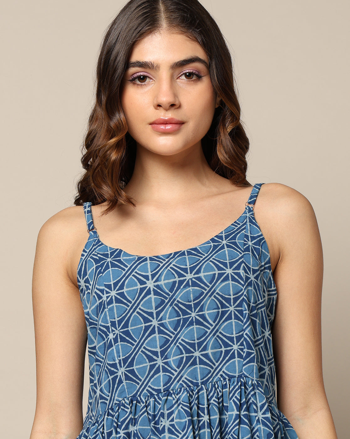 Natural Indigo Dyed Dabu Printed Spaghetti Dress