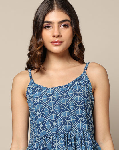 Natural Indigo Dyed Dabu Printed Spaghetti Dress