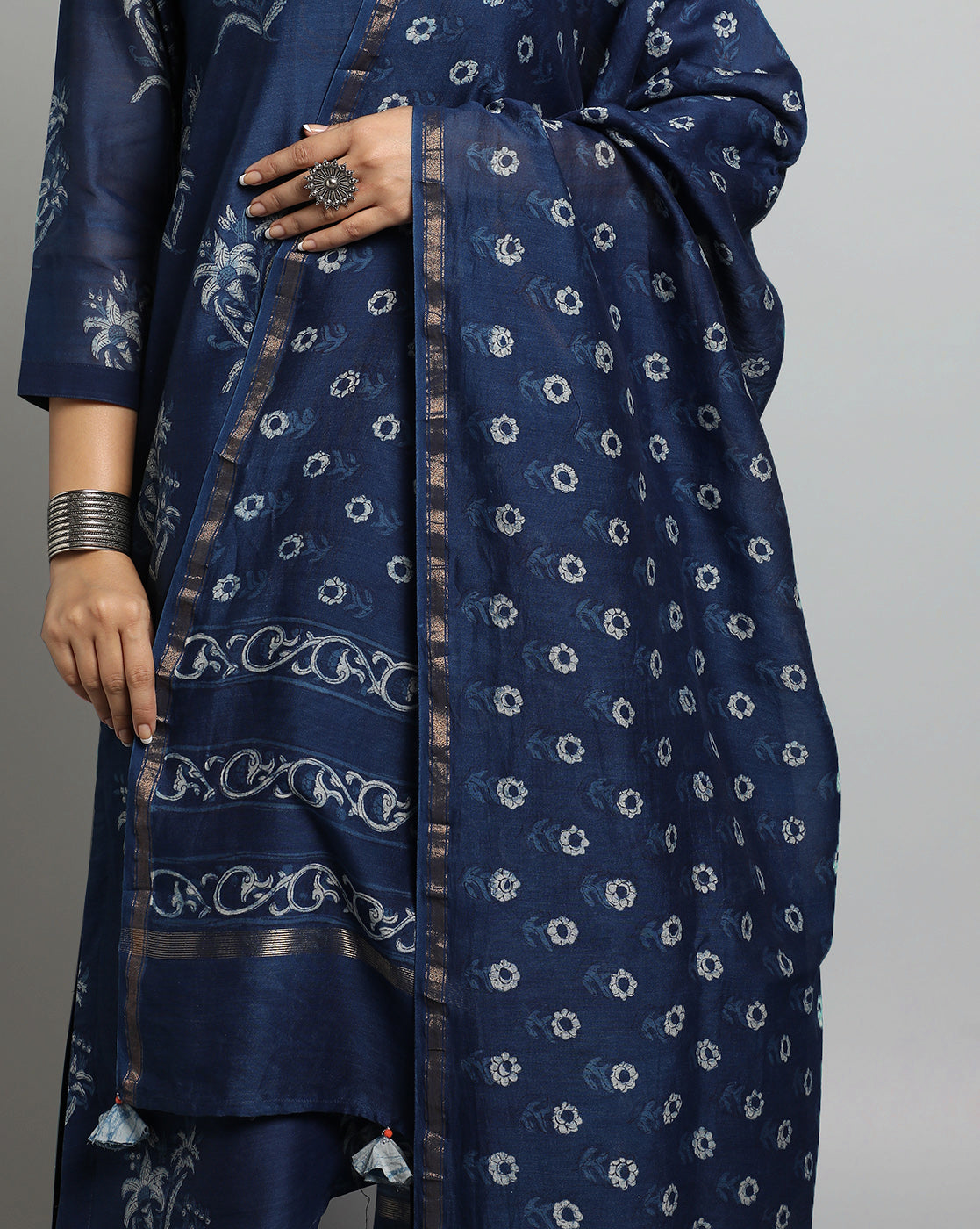 Indigo Dyed Dabu Hand Block Printed Chanderi Silk Duppatta