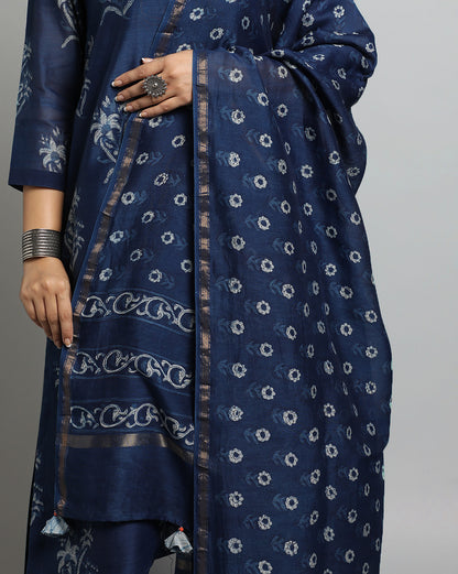 Indigo Dyed Dabu Hand Block Printed Chanderi Silk Duppatta
